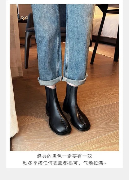 2025 Stretch Slip On Chelsea Boots Woman Split Toe Low Heels Ankle Botas Feminina Tabi Shoes Winter Patent/Matte Leather Botines