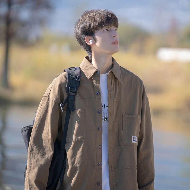 Japanese Series Men's Shirts Casual Vintage Cargo Jacket Top Spring Autumn Solid Blouses Single Breasted Male Clothes Streetwear