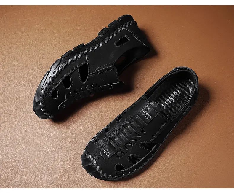 2025 New Men's Handmade Leather Sandals Flat Sandals Fashion Men's Suitable for Beach Vacation Summer Brown Non-slip Sandals