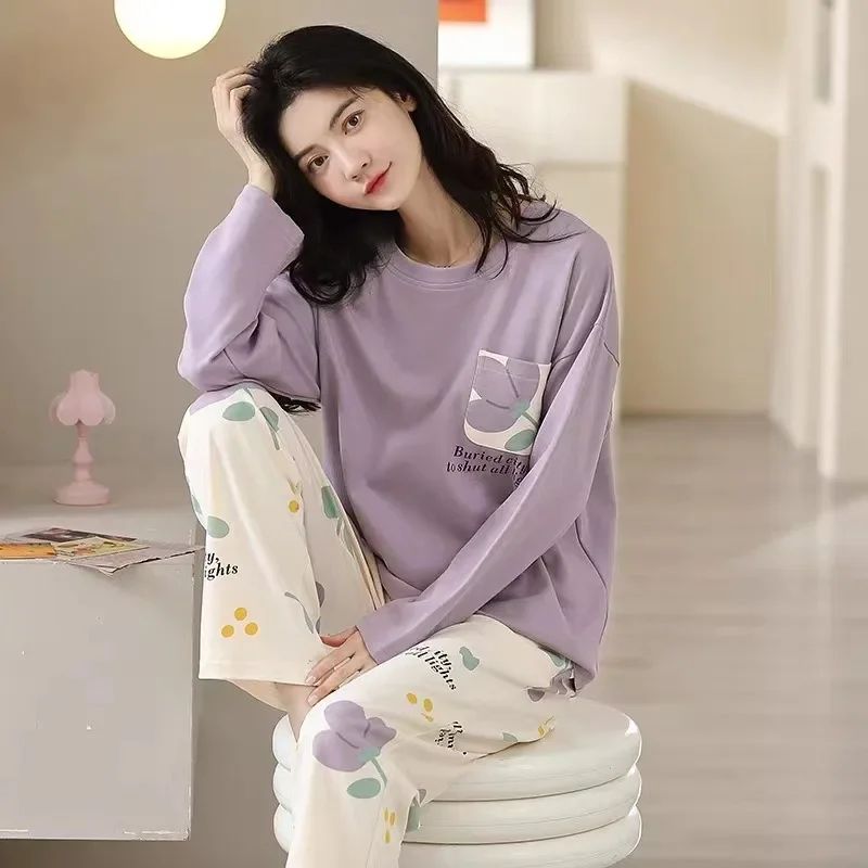 Pyjamas Set for Women's Plus Size Student Long Sleeve Spring and Fall Loungewear Ladies Simple Loose Homewear Casual Sleepwear
