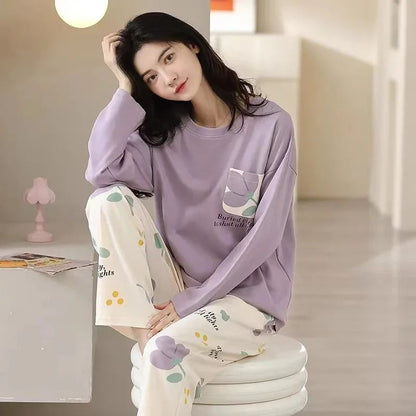 Pyjamas Set for Women's Plus Size Student Long Sleeve Spring and Fall Loungewear Ladies Simple Loose Homewear Casual Sleepwear
