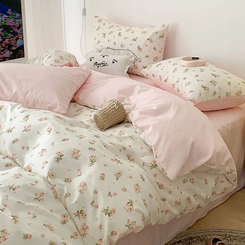 Jogo de Lençóis Florais Rosa Macio Ins Solteiro Casal Queen Capa de Edredom Lençol de Elástico Fronhas Meninas Casa Total Roupa de Cama