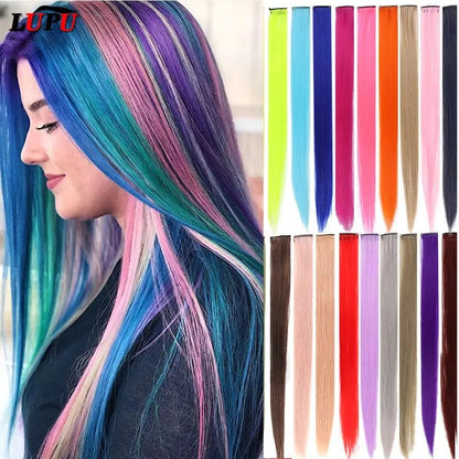 Colored Highlight 22 Inch Synthetic Hair Extensions Rainbow Long Straight Hairpieces for Women Kids Girls Purple Pink Blue