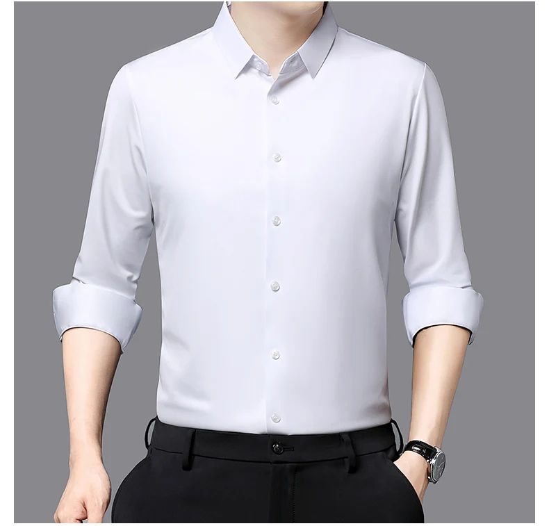 Seamless Anti-wrinkle Business Silky High Elastic Spandex Men's Long-sleeved Shirt Formal Social Non-iron Solid Color Casual