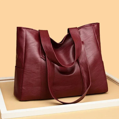 Female Big Soft Leather Satchel Bag Classic Solid Color Simple Casual Large Capacity Tote Single Shoulder Bag Purses and Handbag