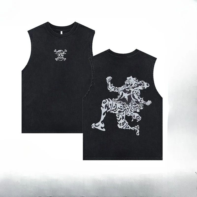 Luffy printed anime fitness vest summer new men s vest Y2k women s washed casual sleeveless shirt streetwear Harajuku
