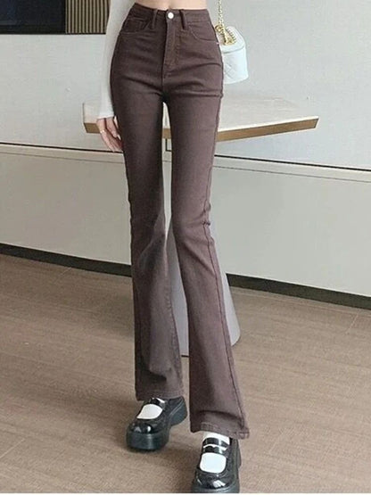 Women Korean Flare Jeans Girls High Waist Elastic Boot Cut Pants Lady Vintage Blue Black Gray Brown Denim Bell Bottom Trousers