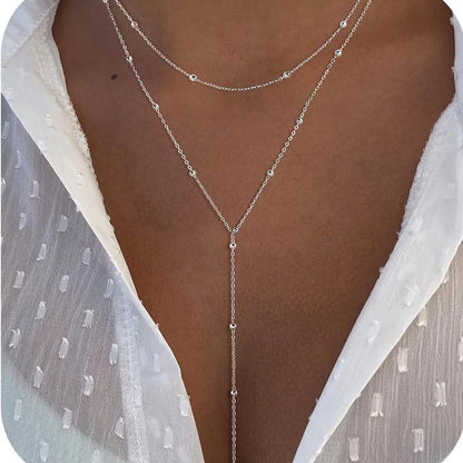 Colar com Pingente em Y de Aço Inoxidável para Mulheres e Meninas Elegante Moda Zircônia Cúbica com Borla Longa Gargantilha Joias de Presente