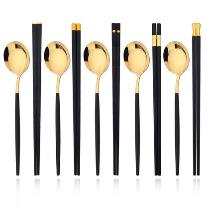 Conjunto de Talheres Portátil para Viagem Preto e Prata com 10 Peças, Hashis Colher de Aço Inoxidável, Conjunto de Utensílios de Mesa Coreano de Luxo