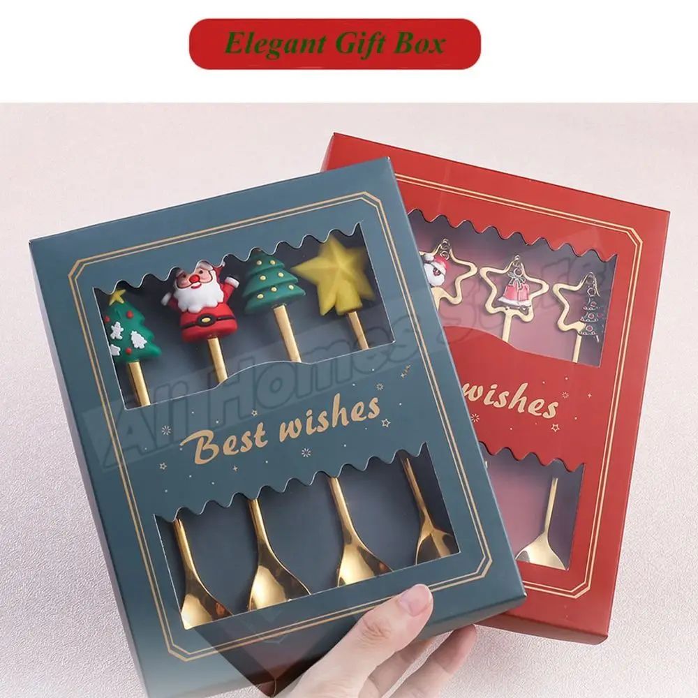 Christmas Cutlery Set Elk Dessert Scoop Fruit Fork Coffee Spoon Stainless Steel Dessert Fork 4/6PCS Christmas Spoons Fork Set