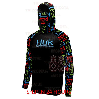 Camisas HUK Fishing Hoodies com Capuz Máscara Protetora para Pesca Roupas de Pesca Masculinas Manga Longa Respirável Proteção UV UPF50+ Camisetas de Pesca