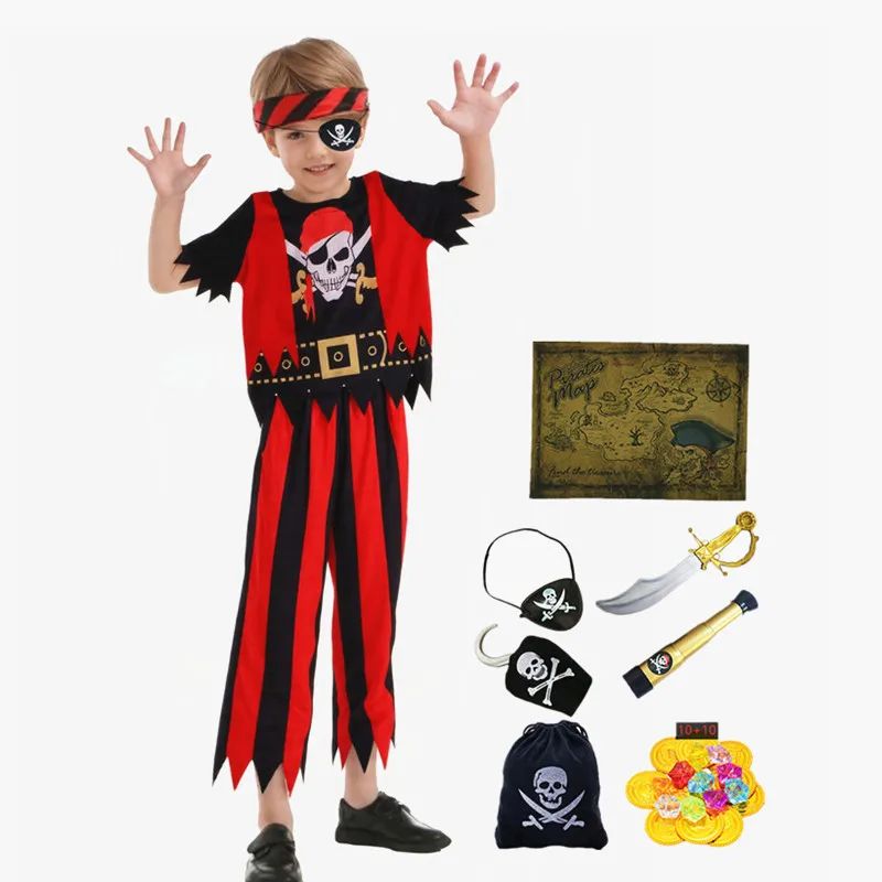 3-12Y Pirate Dress Up Costume with 7 Piece Toy Set Skull Print Top Halloween Cosplay Carnival Show Outfit Boys & Girls Holiday