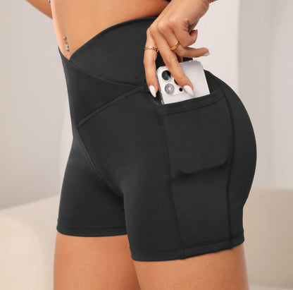 Women High Waist Yoga Sport Biker Shorts for Fitness Cross Waist Pocket Yoga Pant