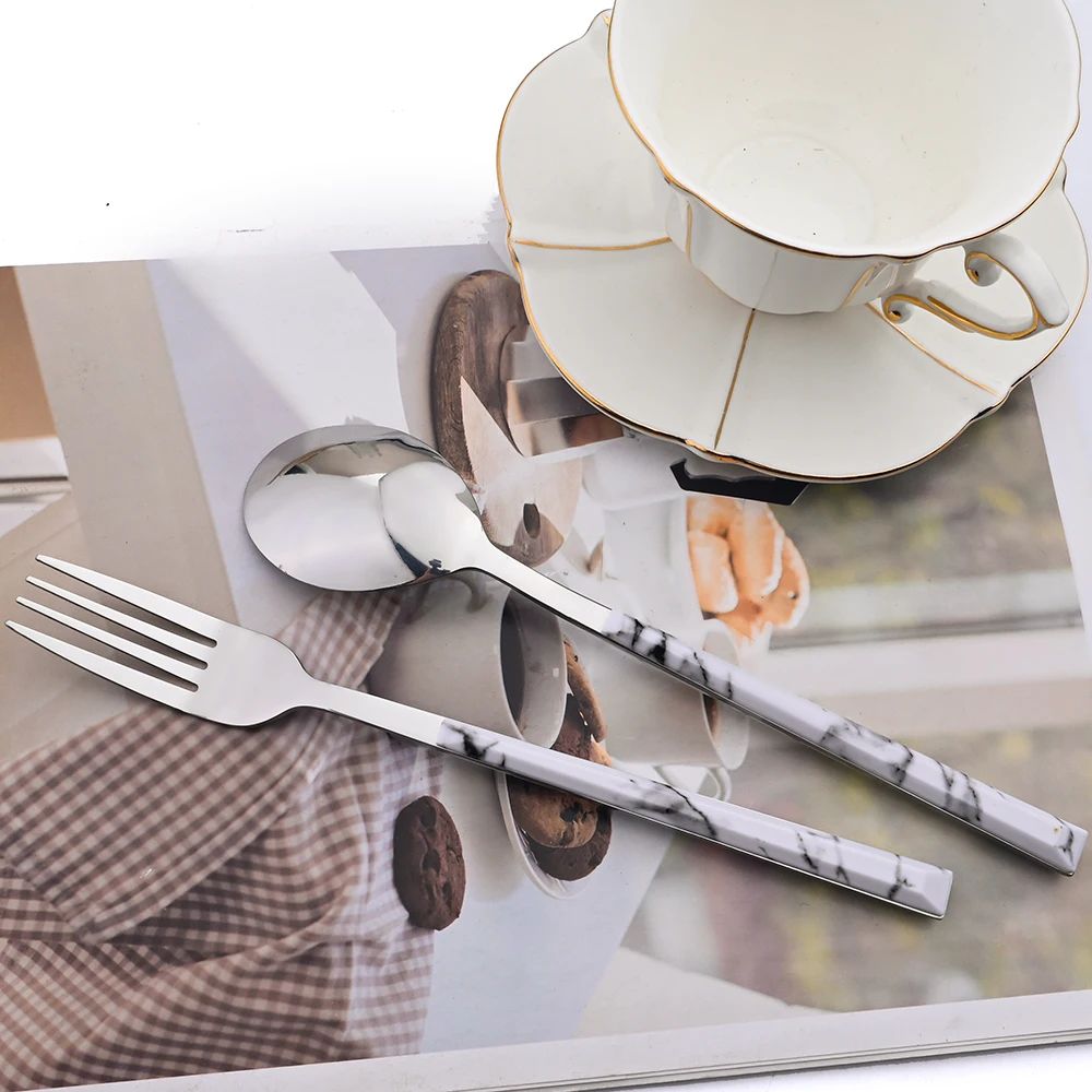Conjunto de Talheres 30 Peças Aço Inoxidável Imitação Mármore Garfo Colher Faca Jantar Cozinha Louça Utensílios de Mesa Conjunto