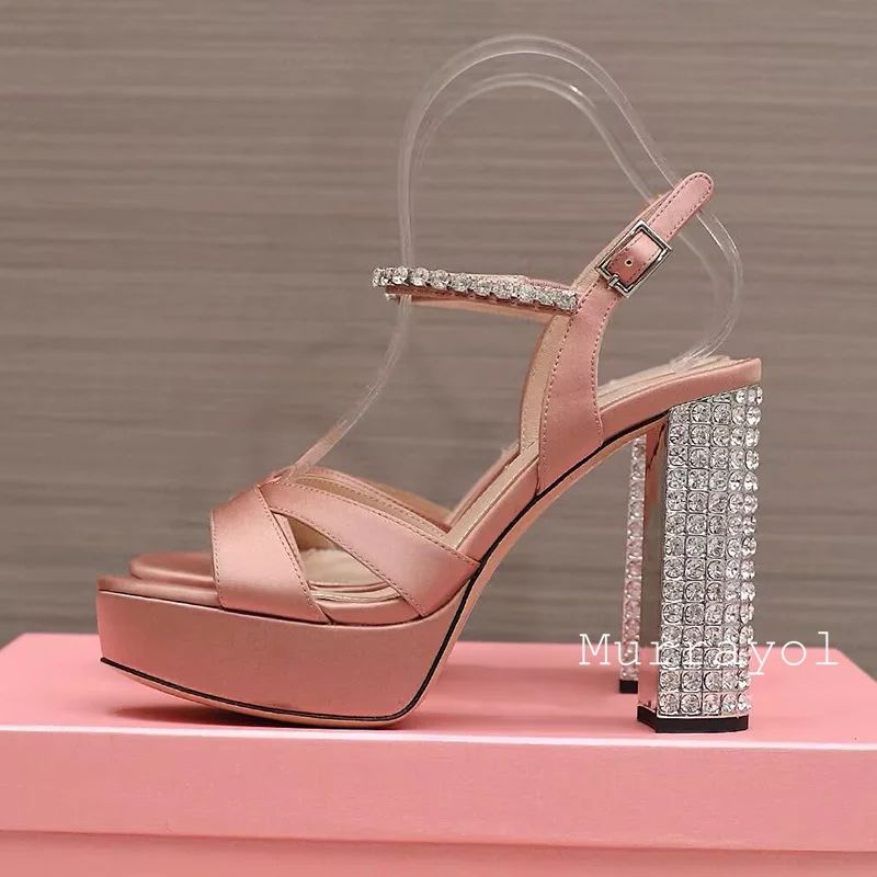 Women Open Toe Rhinestone High Heels Sandals Satin Waterproof Platform Sandalias Summer Party Dress Shoes Pumps Wedding Shoes
