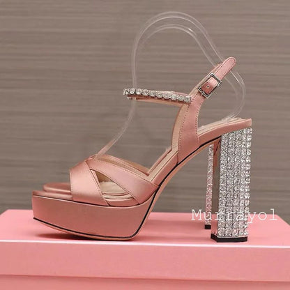 Women Open Toe Rhinestone High Heels Sandals Satin Waterproof Platform Sandalias Summer Party Dress Shoes Pumps Wedding Shoes