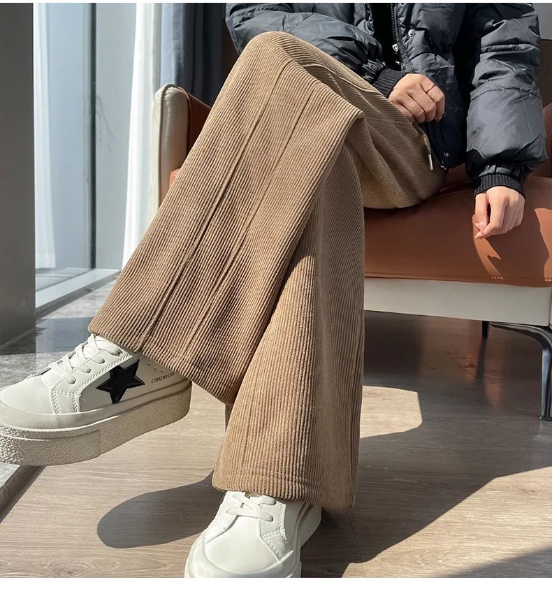 Winter Fleece Thickened High Waist Warm Trousers for Women Solid Color Loose Elastic Waist Straight Casual Pants