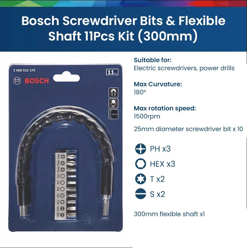 Conjunto de 11 Peças de Suporte de Eixo Flexível para Pontas de Parafusadeira Bosch Professional, Extensor de 200mm e 300mm para Parafusadeira e Furadeira