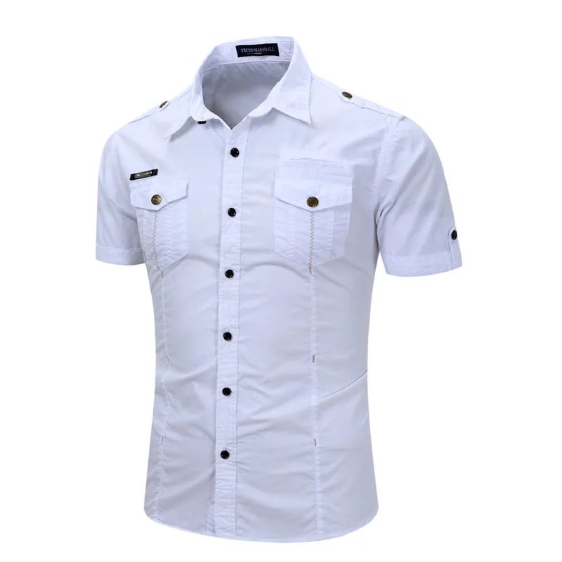 Euro Big Size Men's Cotton Casual Short Sleeve Button-Down Shirt with Chest Pockets Regular-Fit Work Shirt Outdoor Cargo Wear