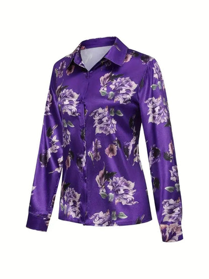 Elegant Intellectual Women's Satin Floral Print Shirt | Soft & Smooth V-Neck Long-Sleeve Button Formal Top for Spring