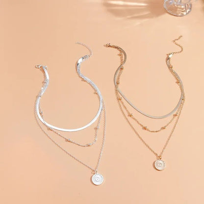 Colar Feminino de Prata Esterlina 925 com Três Camadas, Redondo, Corrente Snake Simples, Charm com Bola, Presente para Festa, Joia Exquisita Feminina