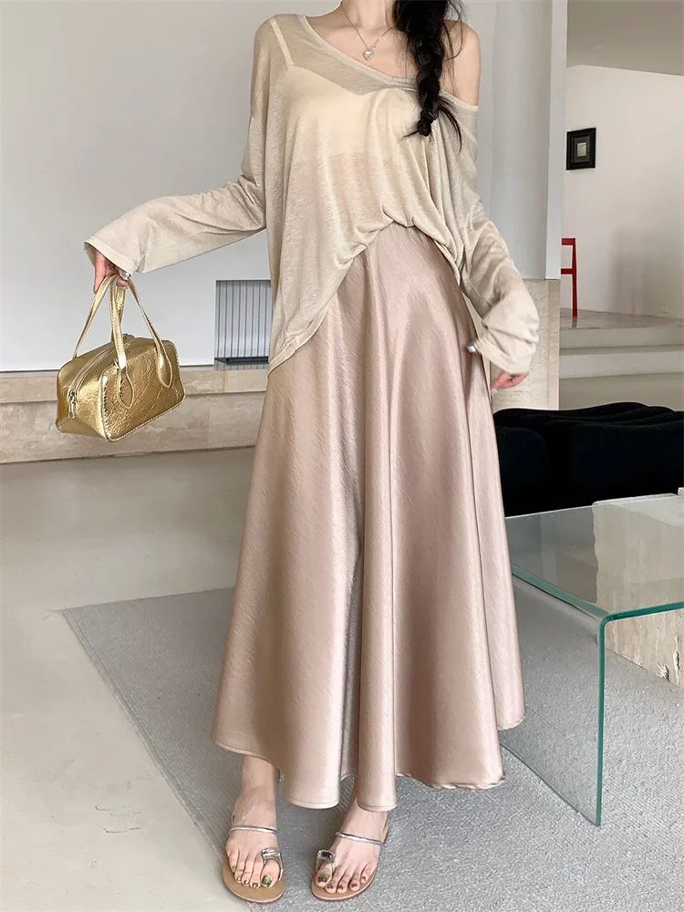 Plus Size Satin Half-Body Skirt Female 2026 Spring New Korean Fashion Temperament Elegant Solid Casual A-line Skirts