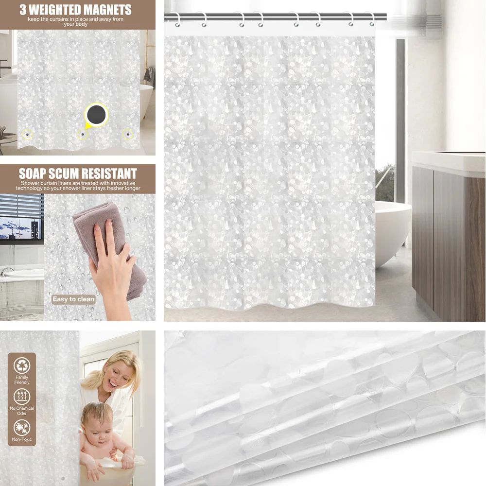 Clear Shower Curtain PEVA Transparent Bathroom Liner Waterproof 180x200CM Bath Curtains Bathroom Mould Proof Curtains with Hooks