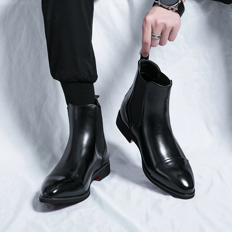 Botas masculinas Chelsea com sola vermelha, tornozelo, bico redondo para negócios, estilo Aura, sapatos masculinos tamanho 38-46, botas masculinas