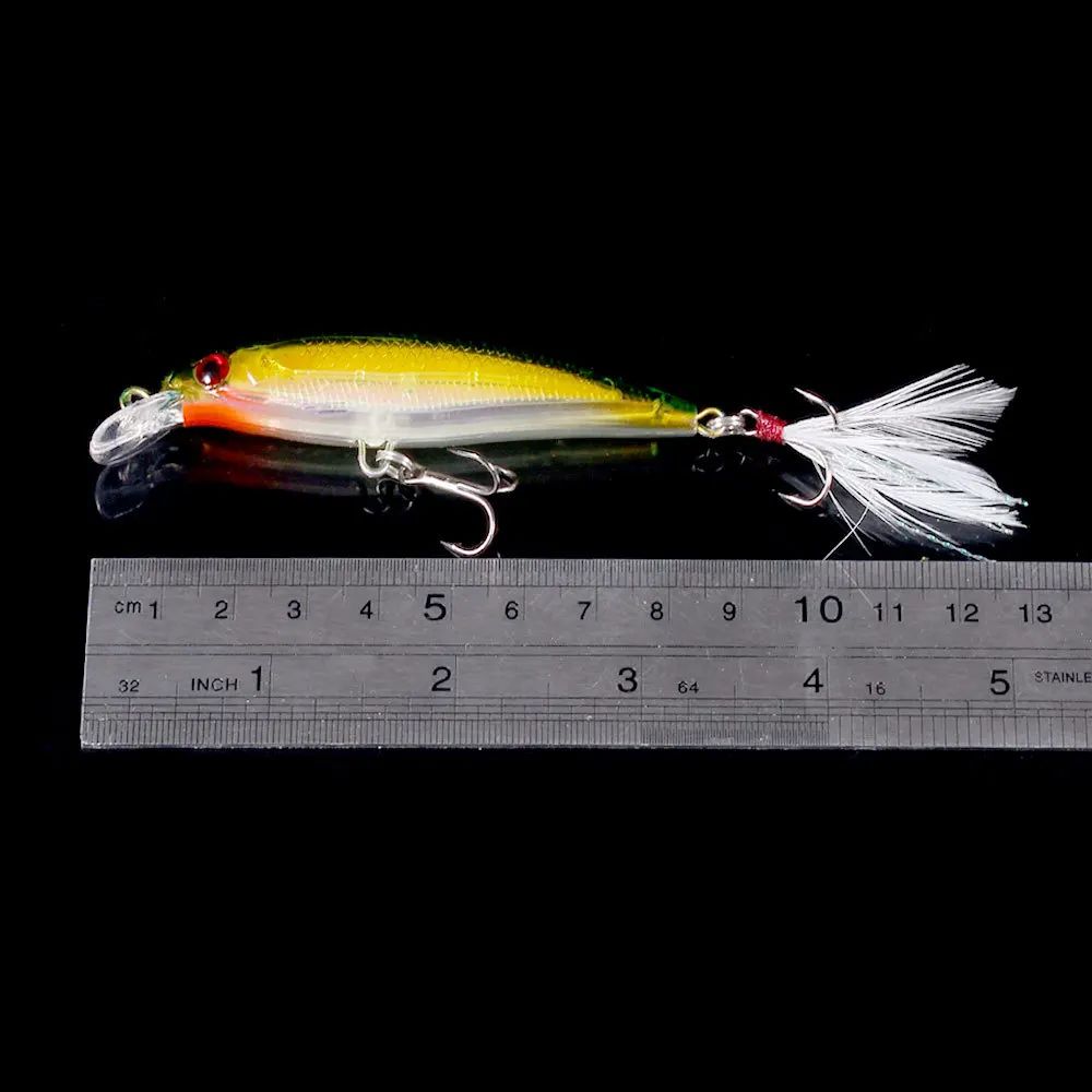 Isca de Pesca Laser Minnow 10/5 Peças Biónica Artificial 9cm/7g Isca Dura Flutuante com Anzol de Pena Wobbler Pesca para Baixo Lúcio
