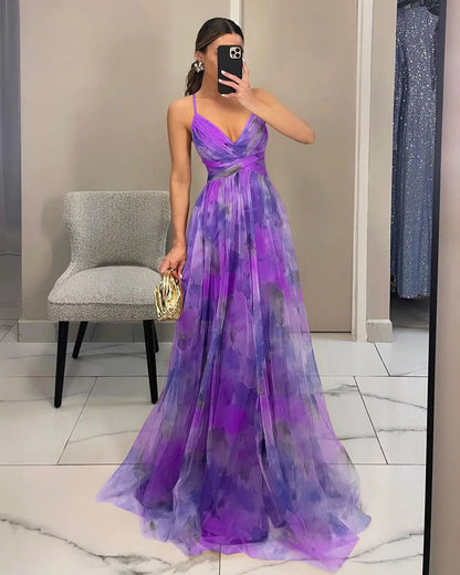 Summer Spring Off-Shoulder Lace Print Halter Dress Casual Party Holiday Dress V-Neck Floor-Length Polyester Fiber Dress