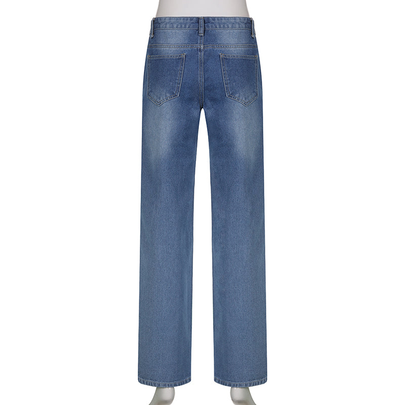 Women's Harajuku Print Jeans Floral Print Vintage Aesthetic Baggy Straight Pants Grunge Casual Outfits Trousers Streetwear Y2k