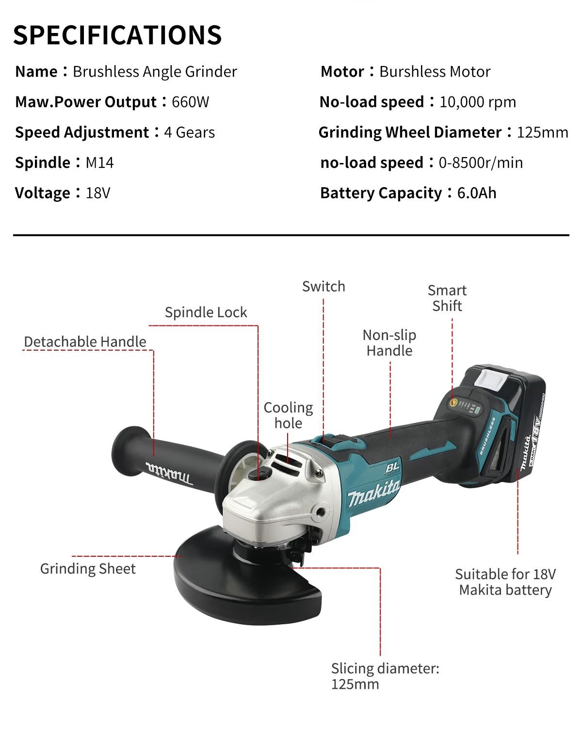 Esmerilhadeira Angular a Bateria Makita DGA406:Motor BL,Compatível com 18V,Velocidade de 8500/min,Punho Removível e Trava de Segurança para Esmerilhamento Eficiente