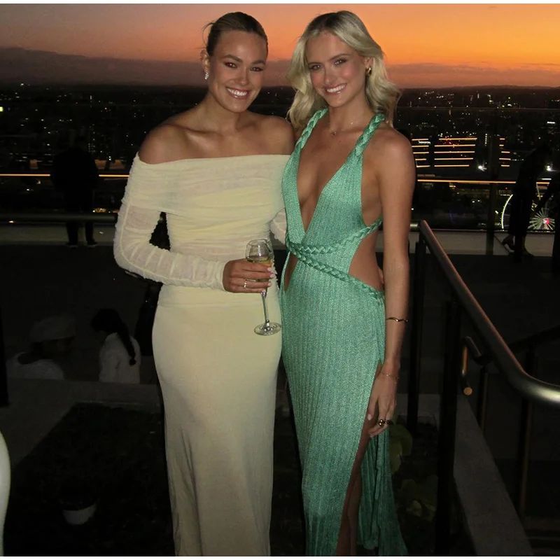Sexy Knit High Slit Backless Long Dress Women Green Ribbed Hollow V-neck Dresses