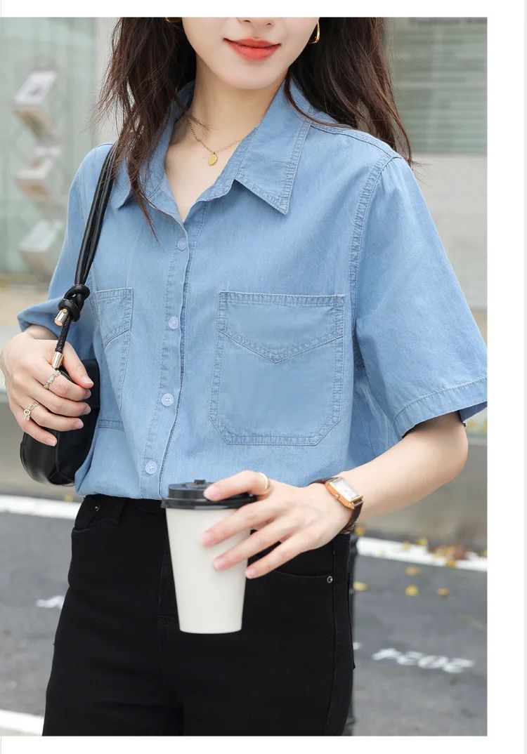 Vintageblueshort Sleeves Thin Denim Shirt 2024 Summer New Casual Loose-Fit Hong Kong Style Petite Top For Women