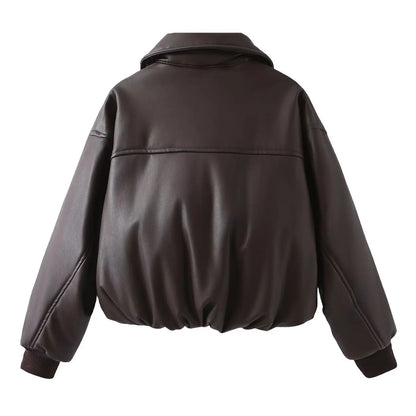 2025 Fall Winter Faux Leather Jacket for Women Oversized Streetwear Cotton Padded Parkas Short Bomber Coat Warm