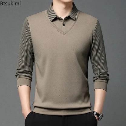 Fashion Fake Two-piece Men Long Sleeve Shirt Stripe Splice Lapel Loose Casual Pullover Tops 2025 Male Formal Business Polo Shirt