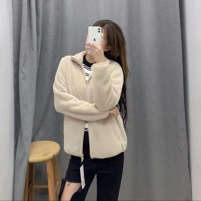 Autumn Winter Women's Long Velvet Fleece Zipper Sleeve Coat Warm Coral Fleece Jacket Full Length Outerwear Comfortable Coat