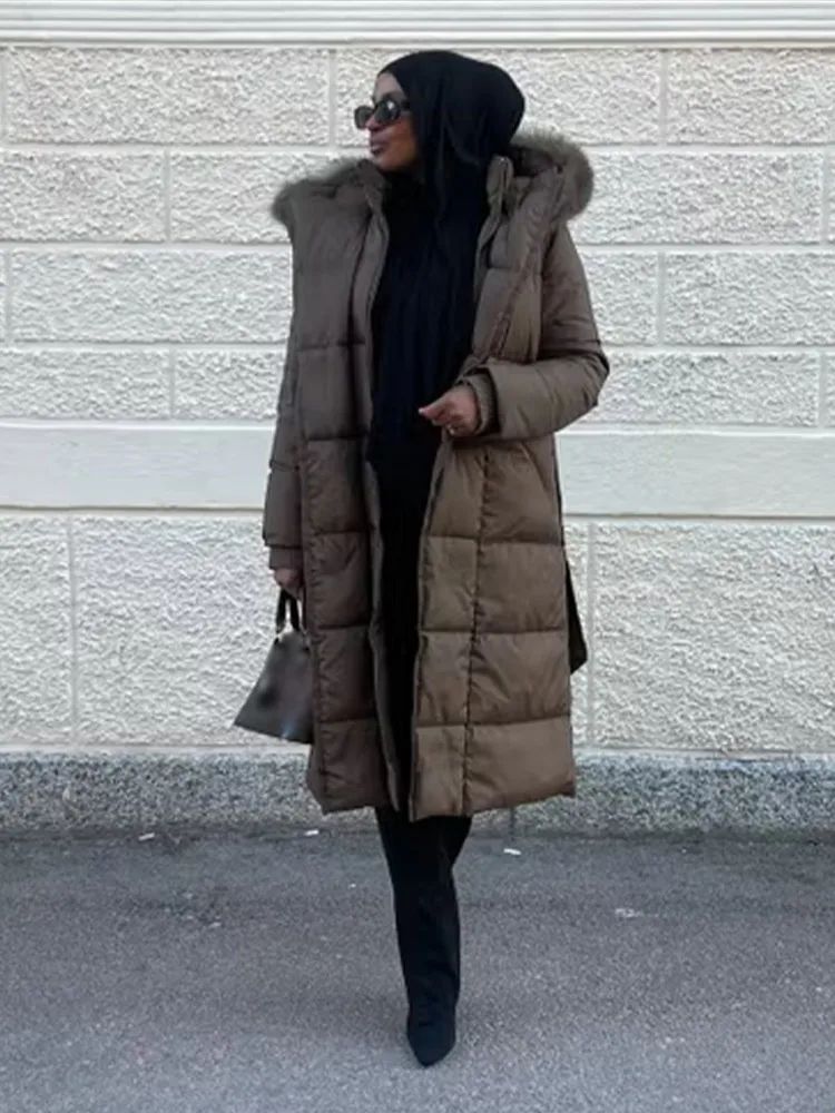 Casual Lace Up Women's Thicken Cotton Jacket Hooded Faux Fur Collar Zipper Long Coats Lady 2025 Winter Chic Female Street Coat