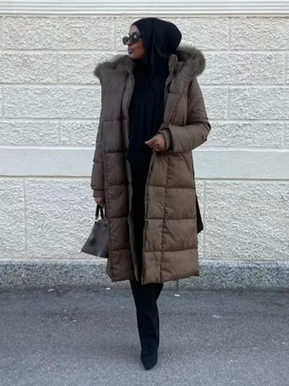 Casual Lace Up Women's Thicken Cotton Jacket Hooded Faux Fur Collar Zipper Long Coats Lady 2025 Winter Chic Female Street Coat