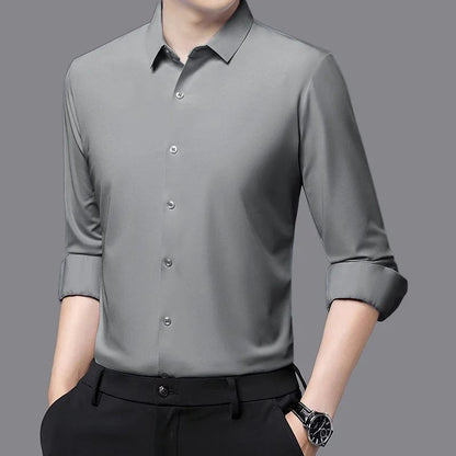 Seamless Anti-wrinkle Business Silky High Elastic Spandex Men's Long-sleeved Shirt Formal Social Non-iron Solid Color Casual