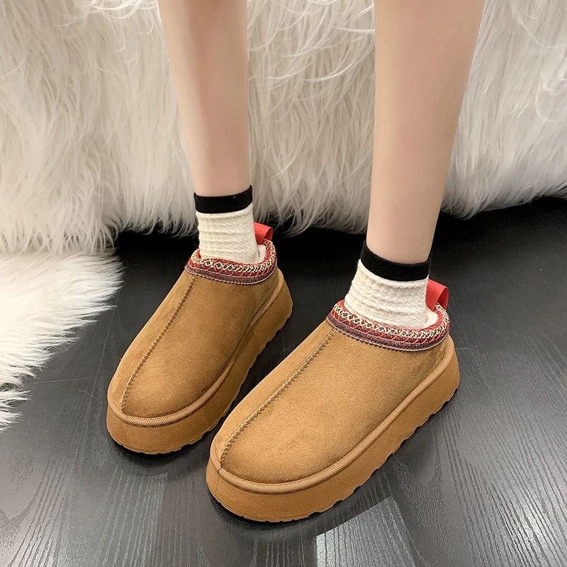 Snow Boots For Women 2024 Winter New Cashmere Warm Thick Soles Without Heel-covered Hair Half Slipper Cotton Shoes for Women