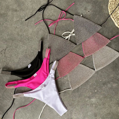 Halter Jewelled Sequins Diamond Bikini Women Swimsuit Female Swimwear Two Pieces Bikini Set Mini Micro Bathing Suit Swim Lady