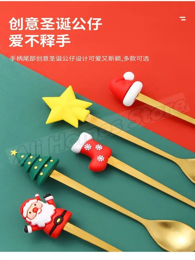 Christmas Cutlery Set Elk Dessert Scoop Fruit Fork Coffee Spoon Stainless Steel Dessert Fork 4/6PCS Christmas Spoons Fork Set