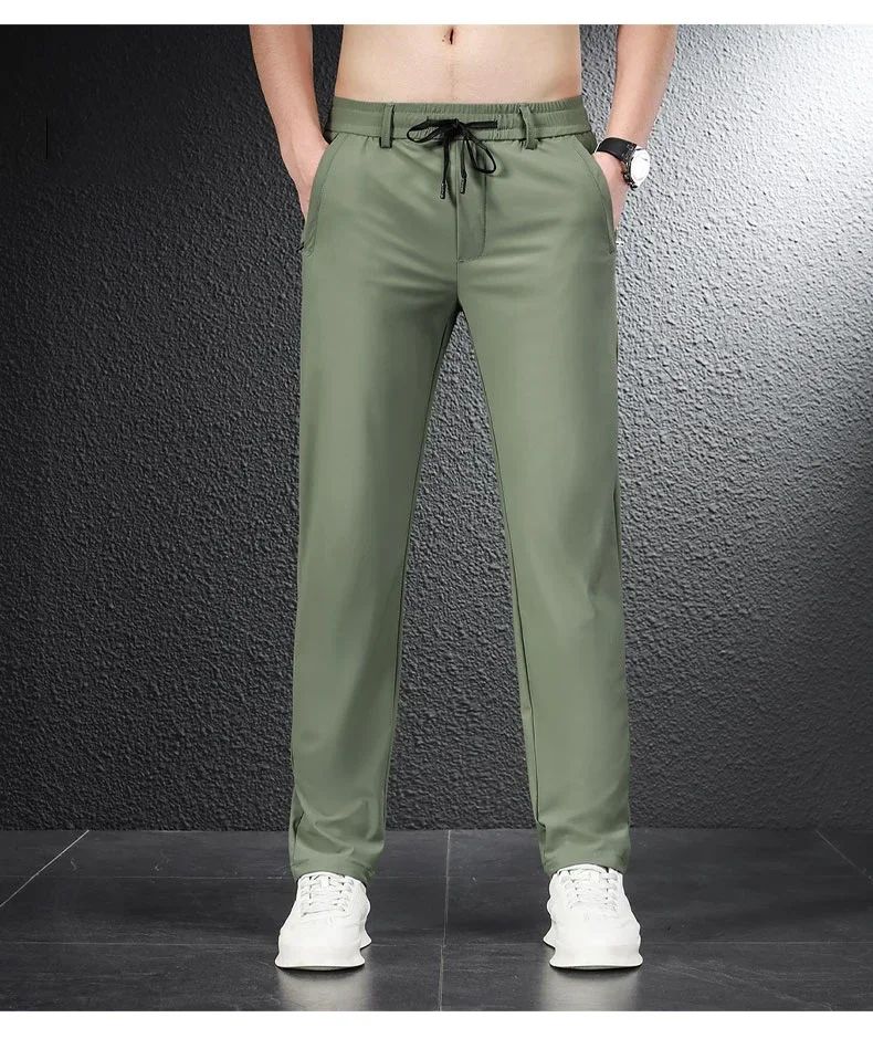 2024 Summer Soft Ice Silk Fabric Men's Thin Casual Pants Korean-style Fashion  Straight High Stretch Trousers Male Luxury Brand