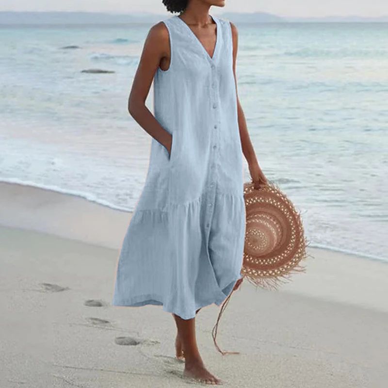 Summer Loose Casual Patchwork Cotton Linen Pocktes Dress V Neck Beach Style Dres