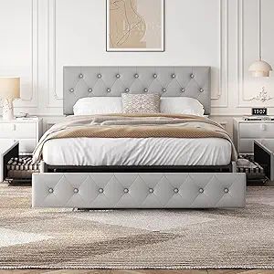 Yaheetech Queen Bed Frame Upholstered Bed Frame with Adjustable Diamond Button-Tufted Headboard/3 Drawers Storage, Queen Platfor