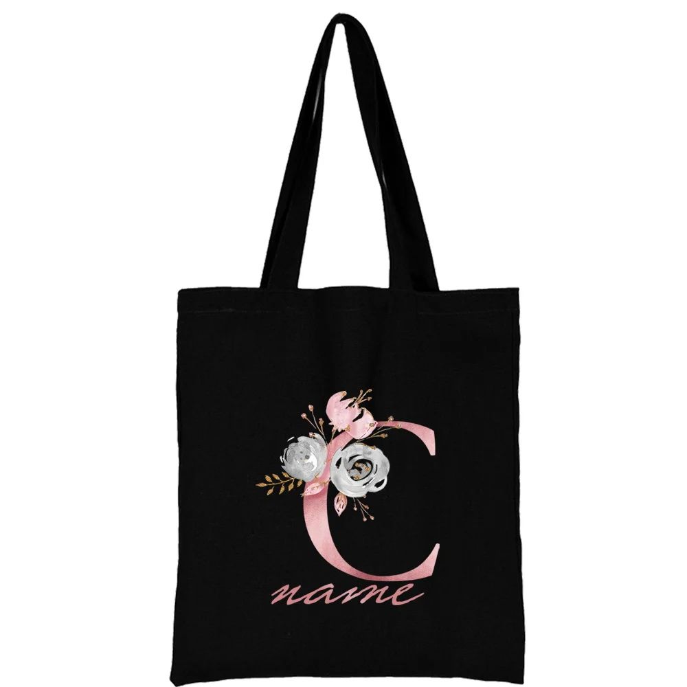 Custom Free Name Canvas Bags Women Shoulder Bag Handbags Pink Letter Beach Bags Tote Casual Woman Grocery Eco Shopping Bag