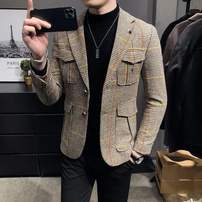Spring plaid men's jacket British style wedding host business casual suit jacket men's formal  mens blazer Slim fit jacket