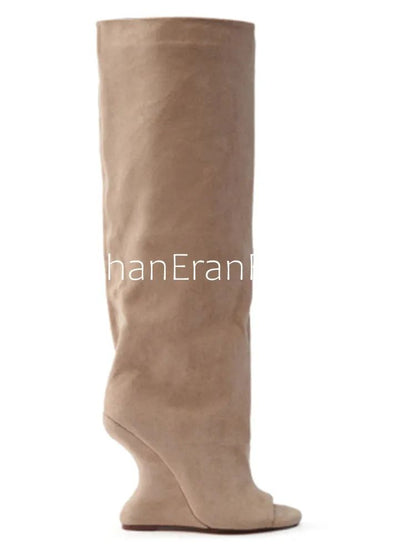 2025Spring and Autumn Fashion New Thick High Heels Women's Knee Length Wide Tube Version Fish Mouth Boots Middle Top Boots