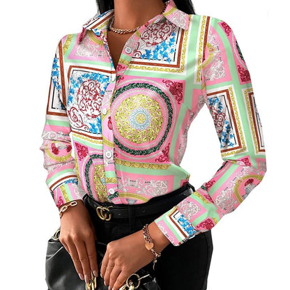 Summer New Women's Long-sleeved Shirt, Single-breasted Printed Shirts Fashion Casual Tops Camisa Female Chemise S-XXL